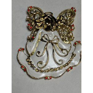 Enamel Angel Brooch Pin White and Gold Colored with Red Rhinestones